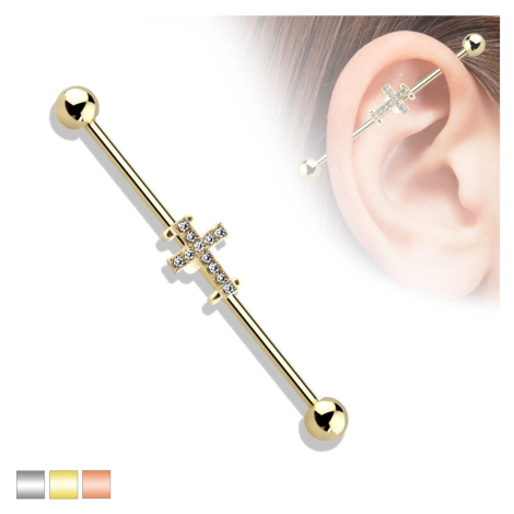 Piercing do ucha z chirurgické oceli - činka ukončená kuličkami, ozdobená křížkem s krystalky -  Šperky eshop