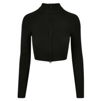 Ladies Cropped Rib Knit Zip Cardigan - black