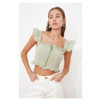 Trendyol Green Fitted Woven Crop Zipper Detail Gingham Blouse