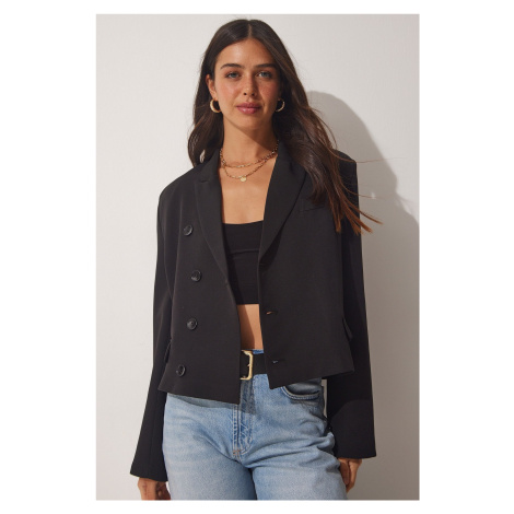 Happiness İstanbul Women's Black Crop Fit Double Breasted Blazer Jacket