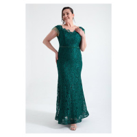 Lafaba Women's Emerald Green Laced Sleeves Beaded Plus Size Evening Dress