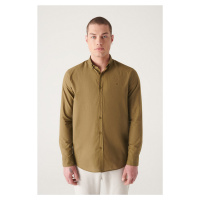 Avva Men's Khaki 100% Cotton Thin Soft Button Collar Long Sleeve Standard Fit Regular Fit Shirt