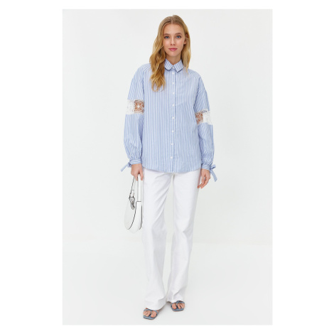 Trendyol Blue Sleeve Brode Detail Cotton Blended Striped Woven Shirt