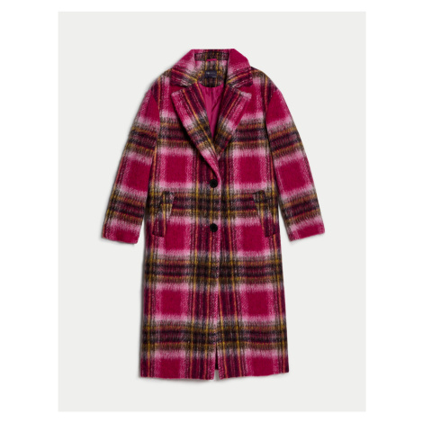 Tmavě růžový dámský kostkovaný kabát s příměsí vlny Marks & Spencer