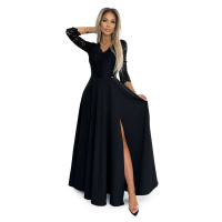AMBER elegantní krajkové dlouhé šaty s výstřihem a rozparkem na nohavicích - černé