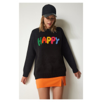 Happiness İstanbul Women's Black Punch Embroidered Oversize Thick Knitwear Sweater