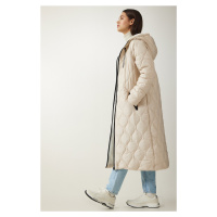 Happiness İstanbul Women's Cream Hooded Pocket Quilted Coat