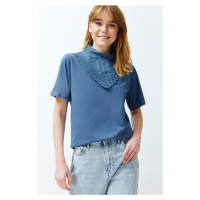 Trendyol Indigo Embroidered High Neck Basic Fit Cotton Knitted Blouse
