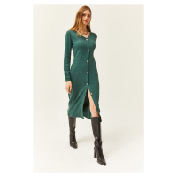 Olalook Women's Green V-Neck Buttoned Thick Ribbed Midi Dress