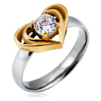 Stříbrný ocelový prsten se zlatým dvojitým srdcem, čirý zirkon