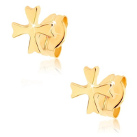 Náušnice ze žlutého 9K zlata - lesklý maltézský kříž, puzetky
