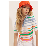 Trend Alaçatı Stili Women's Indigo Polo Collar Multicolored Striped Ribbed Sweater T-Shirt