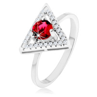 Stříbrný 925 prsten - zirkonový obrys trojúhelníku, kulatý červený zirkon