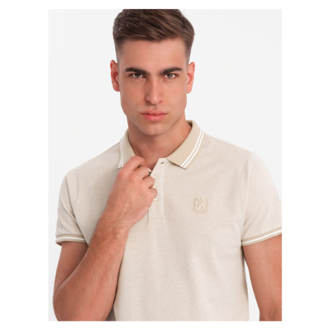 Ombre Melange men's polo shirt with striped collar - sand melange