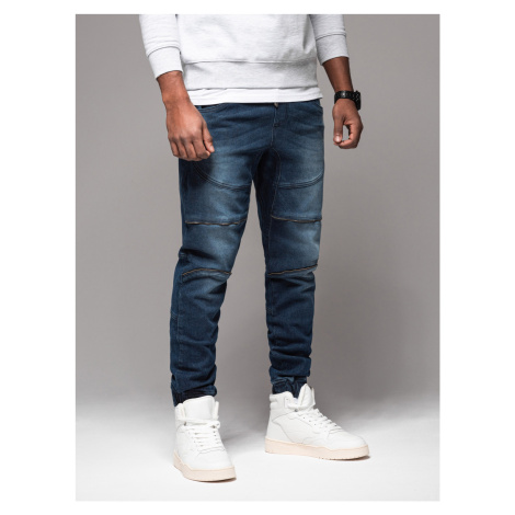 Ombre Men's denim jogger pants with rips and zippers - dark blue