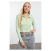 Trendyol Mint Buttoned Fitted Polo Neck Wrap/Textured Crop Knitted Blouse