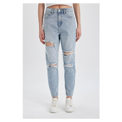 DEFACTO Mom Fit Ripped Detail High Waist Ankle Length Jean Washed Trousers