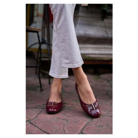 Madamra Burgundy Patent Leather Women's Flat Sole Buckled Flats
