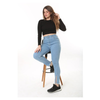 Şans Women's Plus Size Blue High Waist Slit Skinny Leg Lycra Jeans