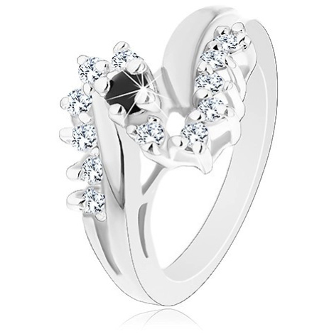 Lesklý prsten s rozdvojenými rameny, kulatý černý zirkon, blýskavá linie Šperky eshop