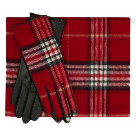 Červený károvaný set – šála a kožené rukavice