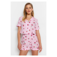 Trendyol Pink Floral Patterned Viscose Shirt-Shorts Woven Pajama Set