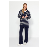 Trendyol Navy Blue Striped Collar With Tie Detailed Sweater-Pants