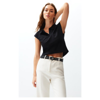 Trendyol Black 100% Cotton Polo Neck Regular/Regular Fit Crop Knitted T-Shirt