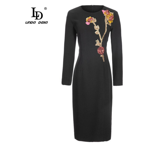 Podzimní tužkové šaty s nášivkou ve tvaru květiny LINDA DGiia
