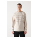 Avva Men's Beige Crew Neck Soft Touch Relief Printed Regular Fit Sweatshirt