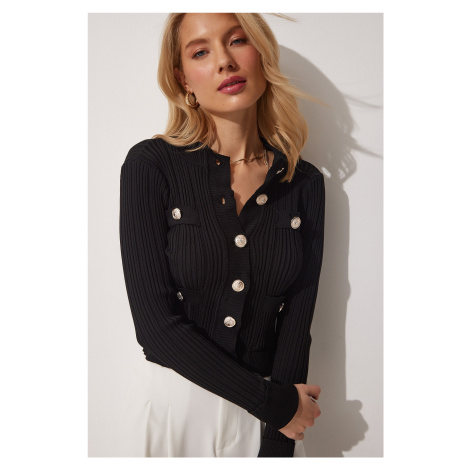 Happiness İstanbul Women's Black Stylish Buttoned Crop Knitwear Cardigan