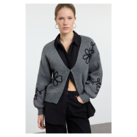 Trendyol Anthracite Embroidery Detailed V Neck Knitwear Cardigan