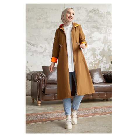 InStyle Drawstring Waist Hooded Neon Trench - Tan\Orange