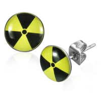 Kulaté ocelové náušnice - žlutočerný nukleární symbol