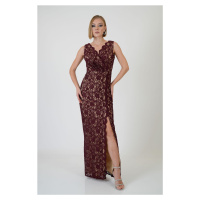 Carmen Burgundy Lace Wrapped Long Evening Dress