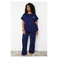 Trendyol Curve Navy Blue Knitted Pajamas with Embroidery and Ruffles