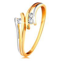 Diamantový zlatý prsten 585, tři zářivé čiré brilianty, rozdělená dvoubarevná ramena