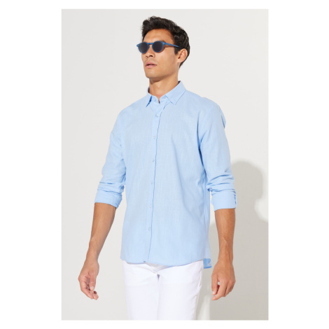 AC&Co / Altınyıldız Classics Men's Blue Slim Fit Slim-fit, Buttoned Collar Linen-Looking 100% Co