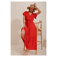 Trend Alaçatı Stili Women's Pomegranate Blossom Double Breasted Collar Maxi Length Crinkle Dress