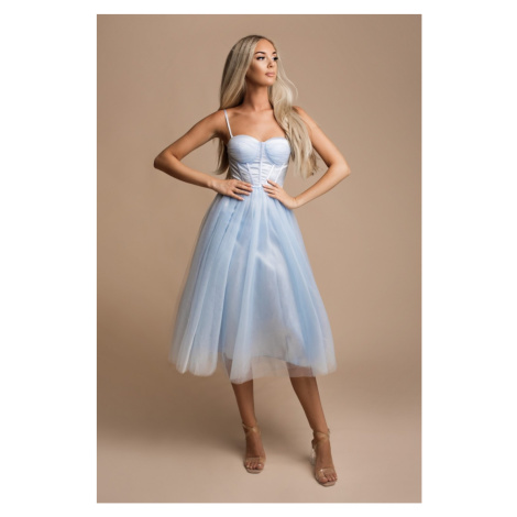 Světle modré midi šaty s korzetem a týlní sukní