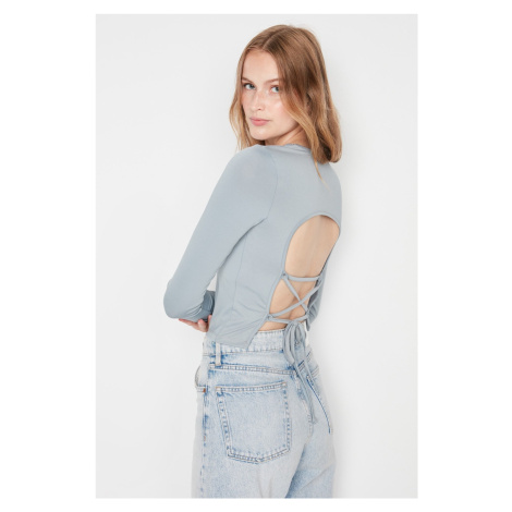 Trendyol Gray Back Detailed Fitted Crew Neck Flexible Crop Knitted Blouse