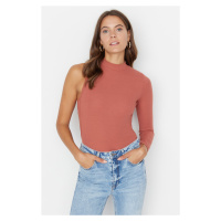 Trendyol Cinnamon Stand Collar Cutout Detail Single Sleeve Ribbed Flexible Knitted Snap Button B
