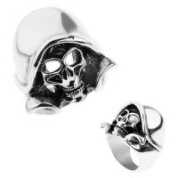 Ocelový prsten stříbrné barvy, patinovaná lebka s kapucí
