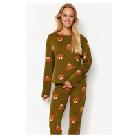 Trendyol Khaki 100% bavlněný medvídek s potiskem trička-Jogger pletené pyžamo