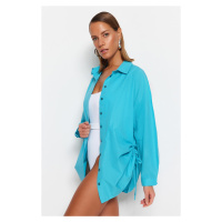Trendyol Turquoise Pleated Woven Beach Shirt