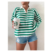 51782 Dewberry Polo Neck Striped Long Sleeve Sweater-GREEN