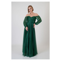 Emerald Silvery Carmen Collar Long Sleeve Engagement Dress