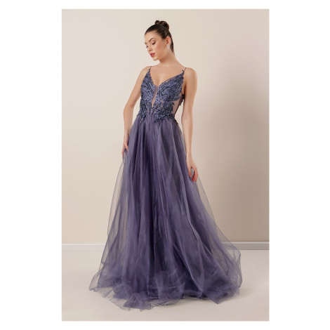 By Saygı Rope Strap Guipure Bead Detailed Lined Long Tulle Dress