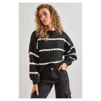 Bianco Lucci Women's Striped Balloon Sleeve Honeycomb Knitted Sweater
