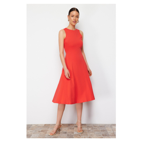 Trendyol Red 100% Cotton Skater/Waisted Crew Neck Sleeveless Midi Knitted Dress